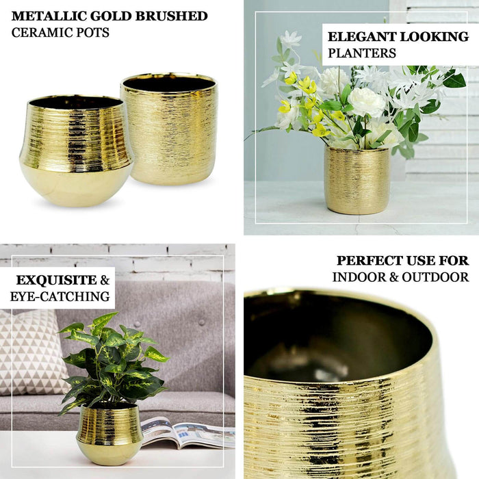 2 Pack | 6" Gold Textured Round Ceramic Flower Plant Pots, Cylindrical Bell Shaped Metallic Gold Brushed Planter Pot