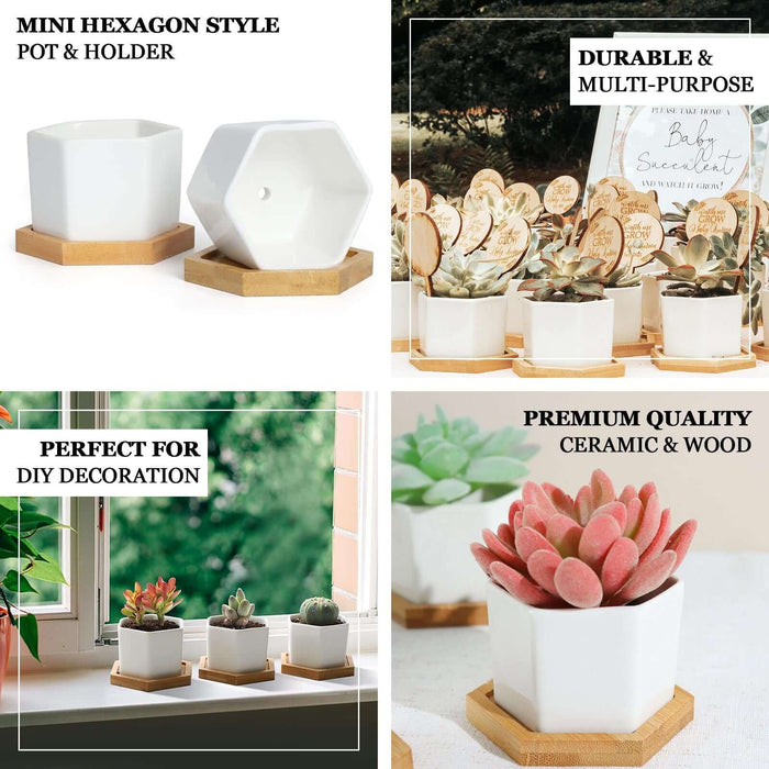 6 Pack | 3" White Geometric Hexagon Ceramic Planter Pots, Bamboo Tray Base w/ Drainage Hole, Cactus and Succulent Planters With Removable Bottom