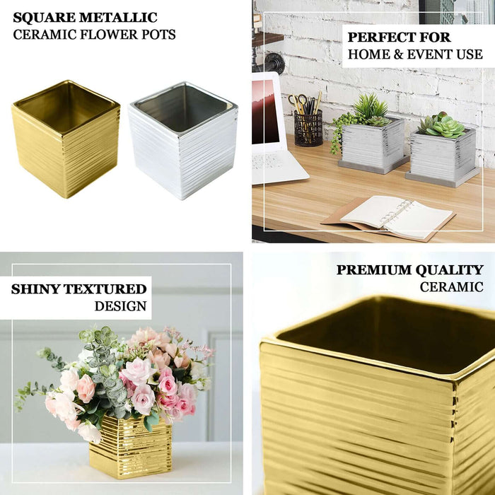 2 Pack | 5" Silver Brush Textured Ceramic Square Flower Plant Box, Cube Shaped Planter Pots