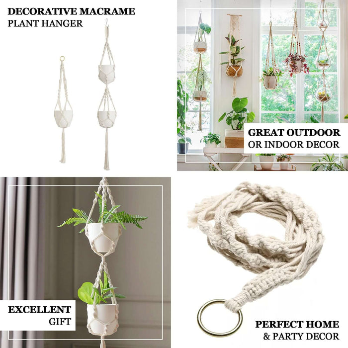 Ivory macrame indoor hanging planter basket with tassel, boho chic decor.