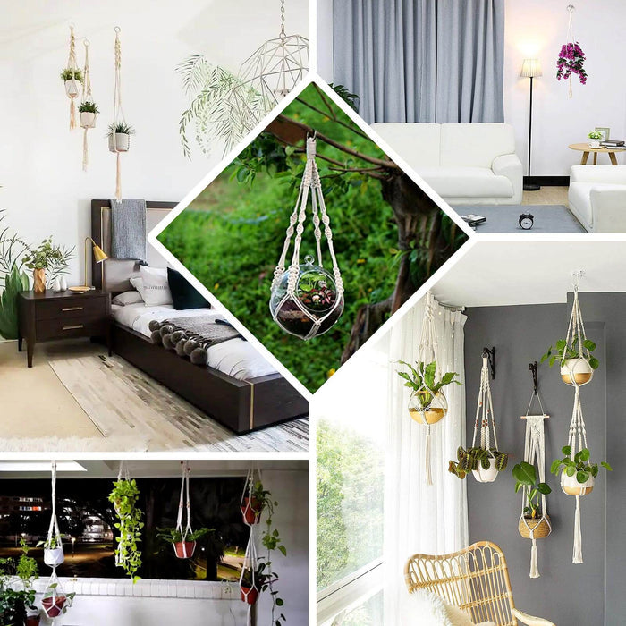 Ivory macrame indoor hanging planter basket with tassel, boho chic decor.