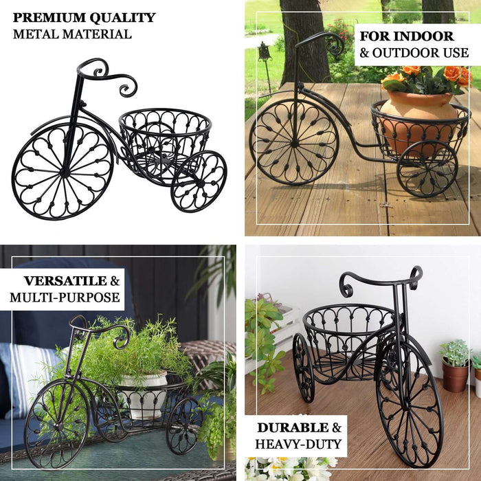 22" Black Metal Tricycle Planter Basket, Decorative Plant Stand For Indoor/Outdoor
