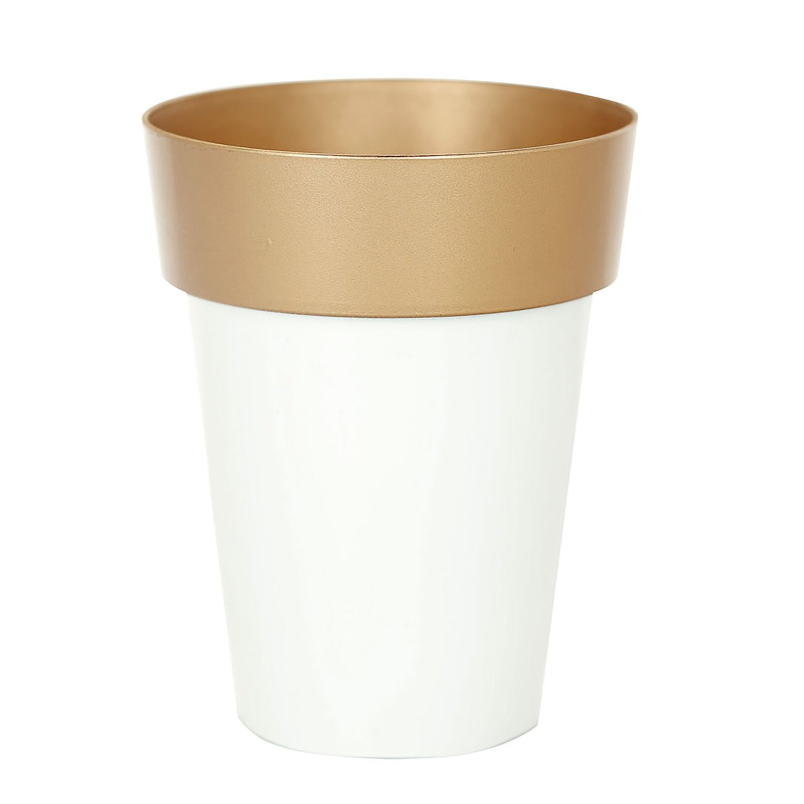 White gold rimmed medium flower plant pot for indoor decor.
