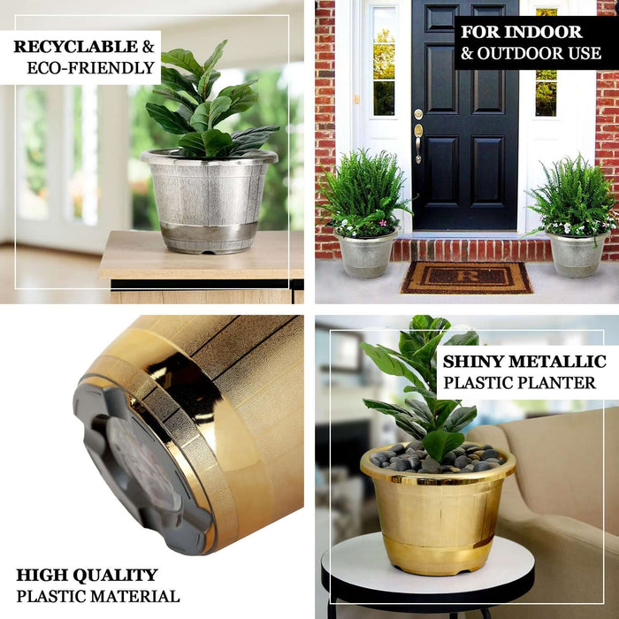 14" Gold Shiny Finished Rim Large Barrel Planter Pot, Indoor/Outdoor Decorative Flower Pot