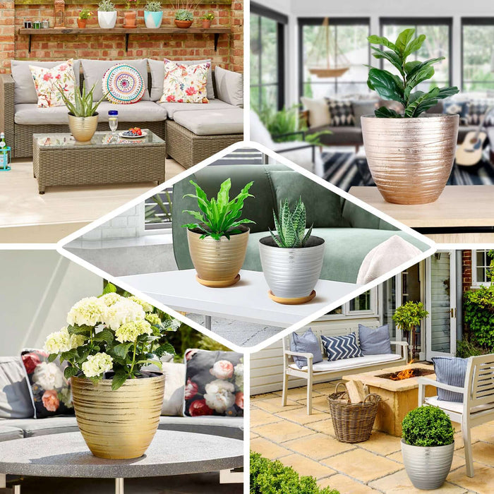 large indoor plant pot covers 12" Metallic Gold Textured Finish Flower Pot – Decorative Indoor Outdoor Planter