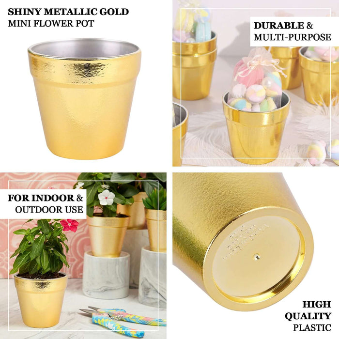 Gold plastic mini party favor buckets for crafts and plants.