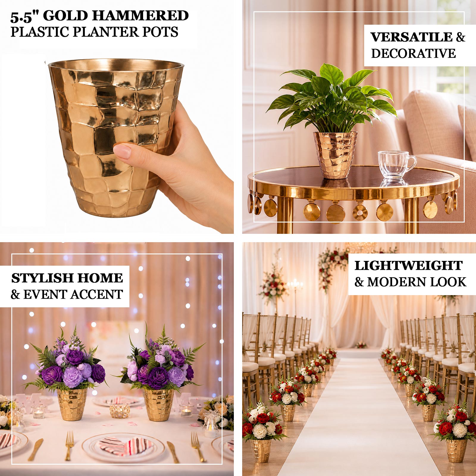 Elegant metallic-look flower pot enhancing dining tables, event settings, entryways, and decorative 