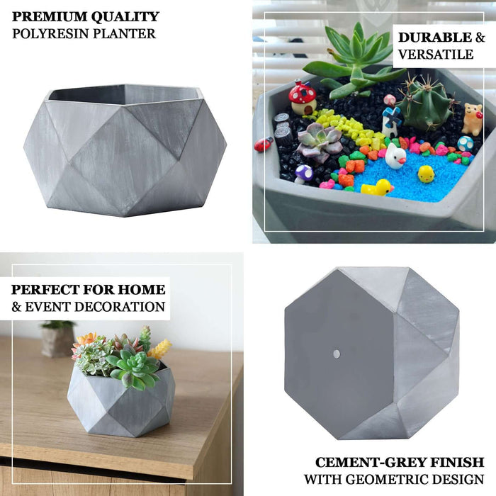 Gray geometric concrete planter for succulents and flowers.
