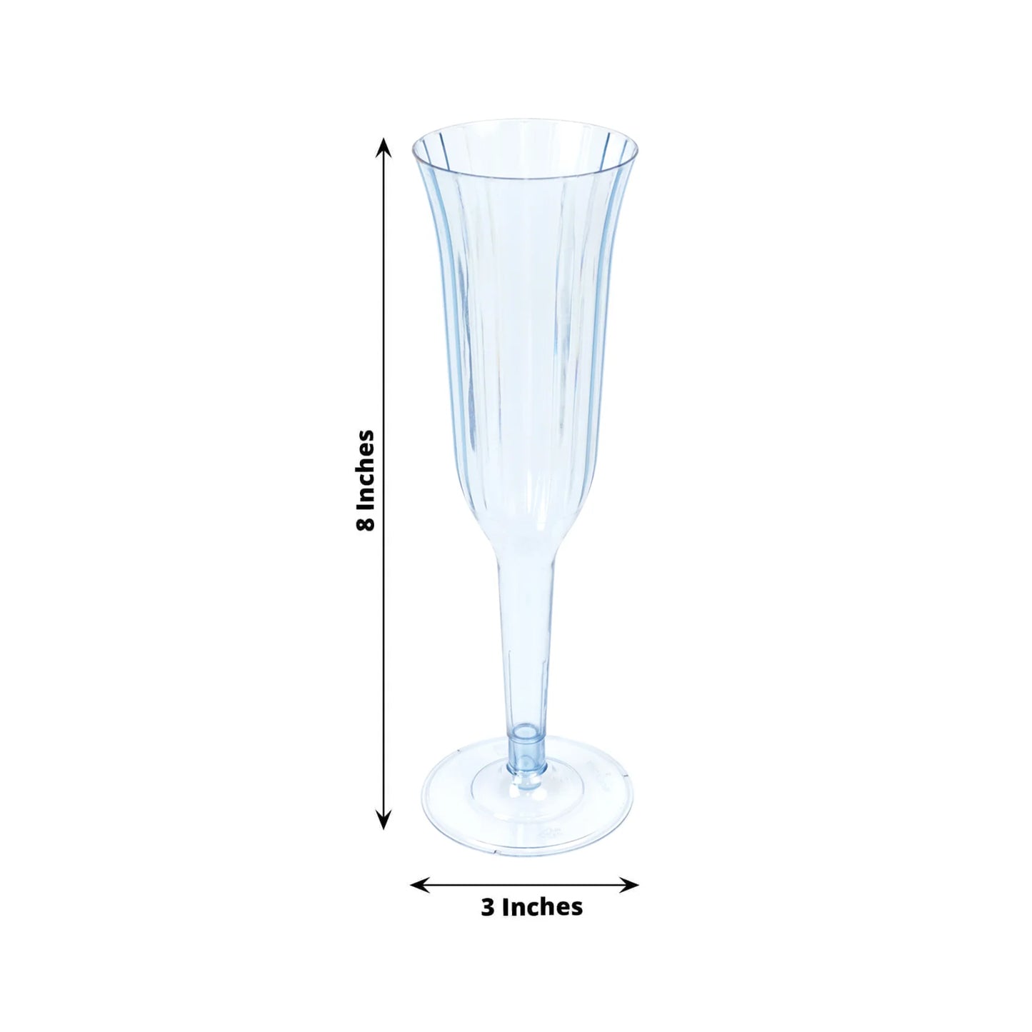 Transparent dusty blue disposable champagne flute, 6oz, flared design.