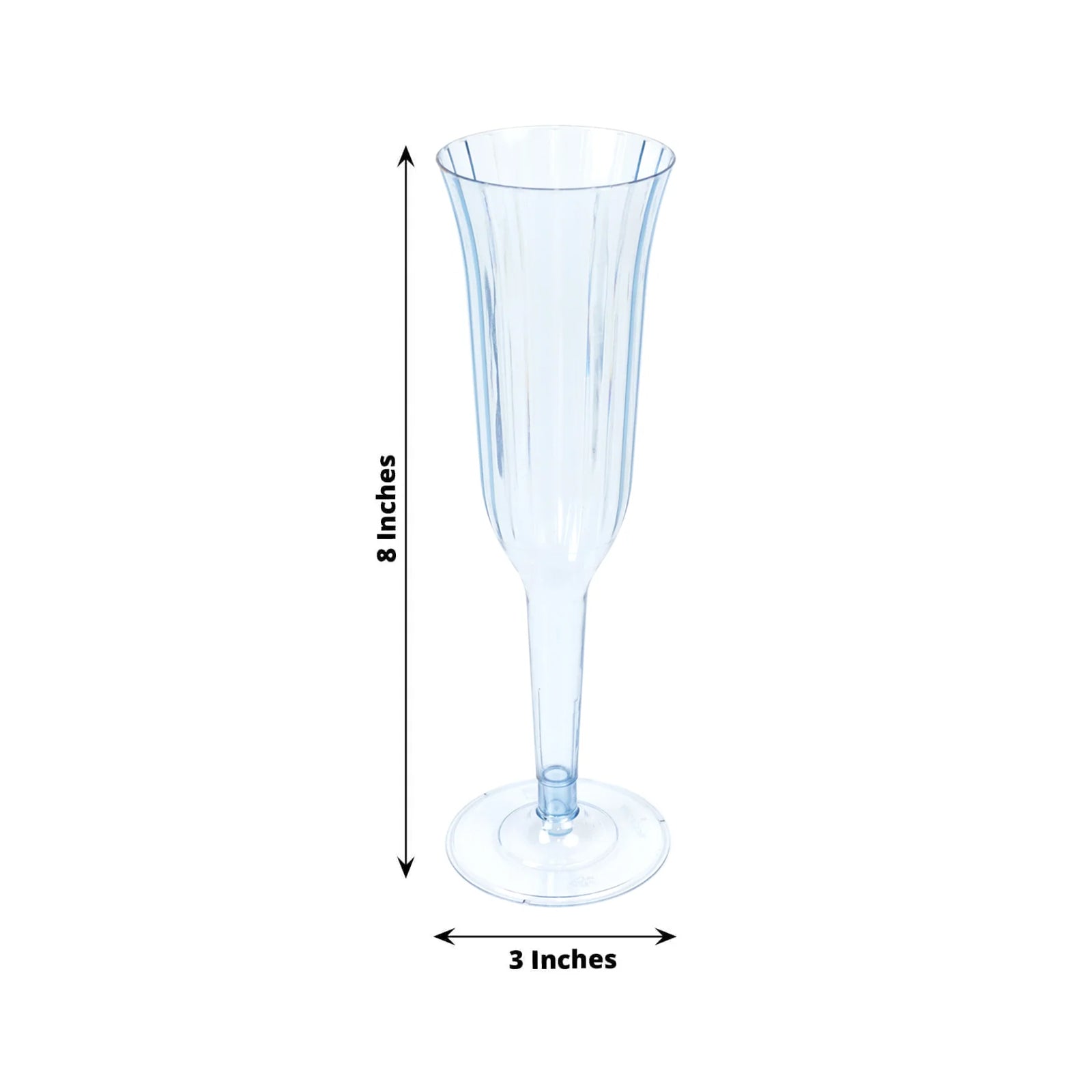 Transparent dusty blue disposable champagne flute, 6oz, flared design.