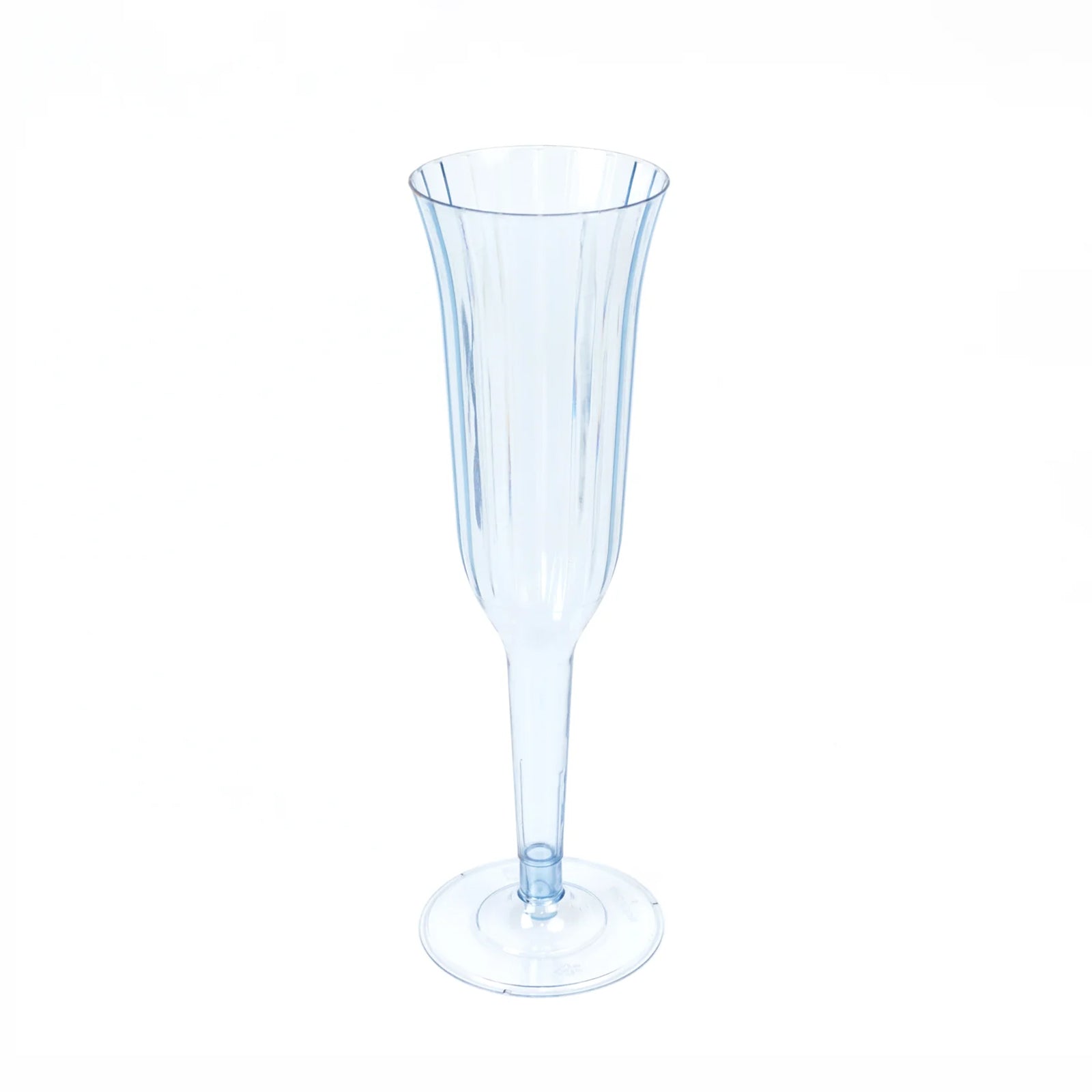 Transparent dusty blue plastic champagne flute, lightweight and disposable.