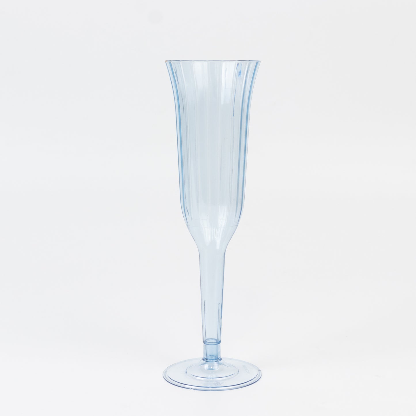 Transparent dusty blue disposable champagne flute, flared design, 6oz.