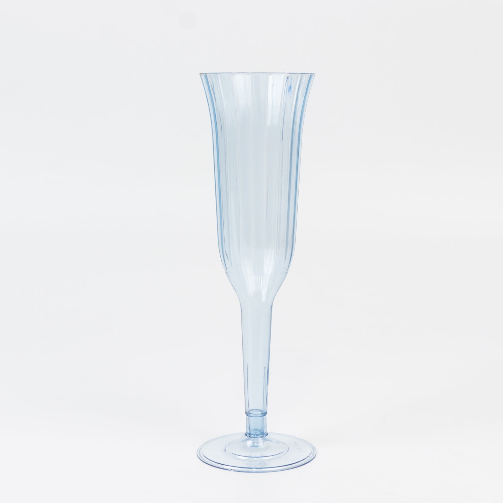 Transparent dusty blue disposable champagne flute, flared design, 6oz.