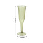 Transparent dusty sage green plastic champagne flute, flared design, lightweight disposable.