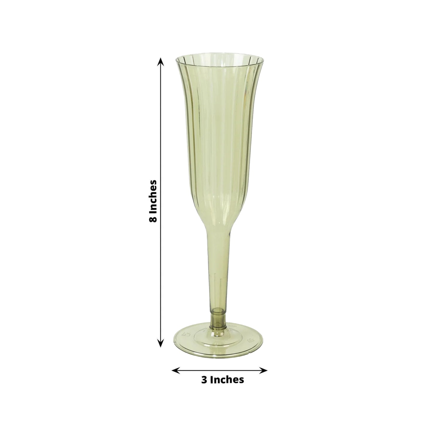 Transparent dusty sage green plastic champagne flute, flared design, lightweight disposable.