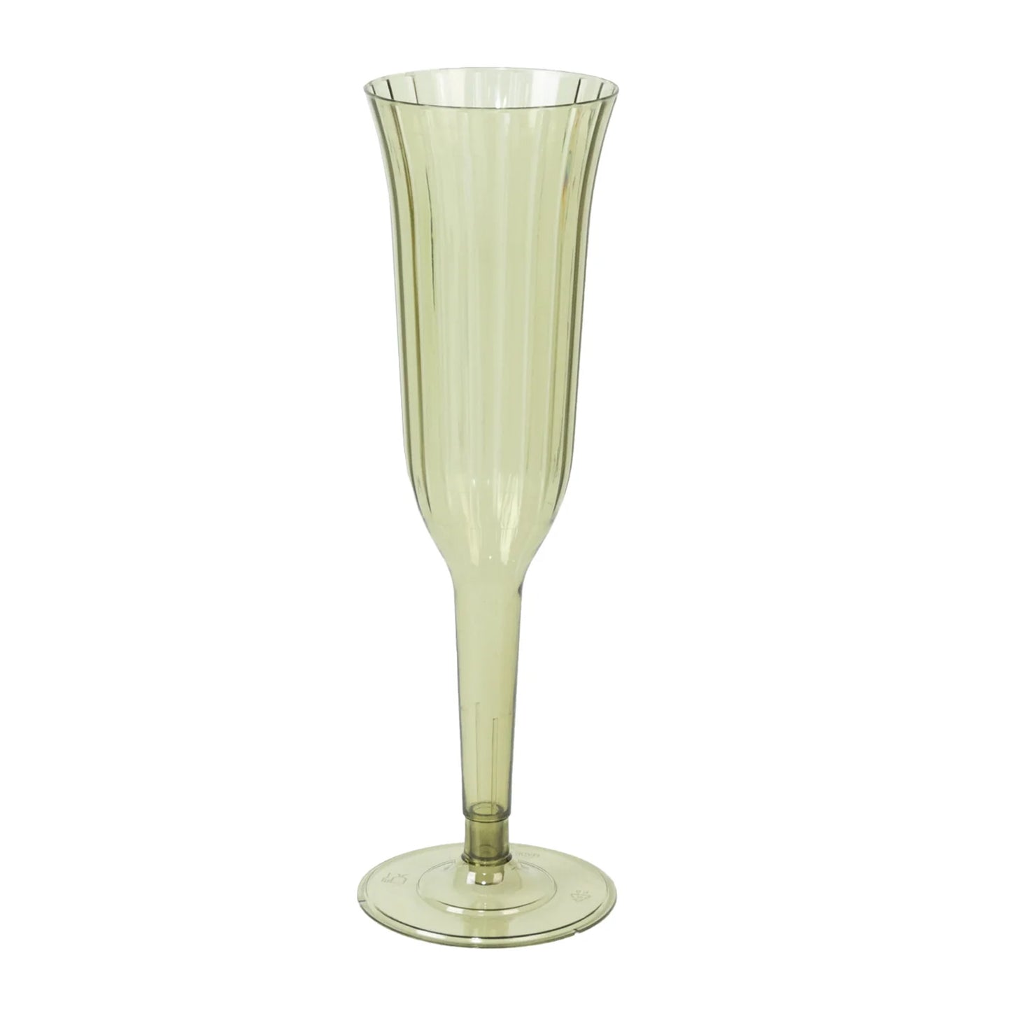 Dusty sage green plastic champagne flute, lightweight and disposable, 6oz capacity.