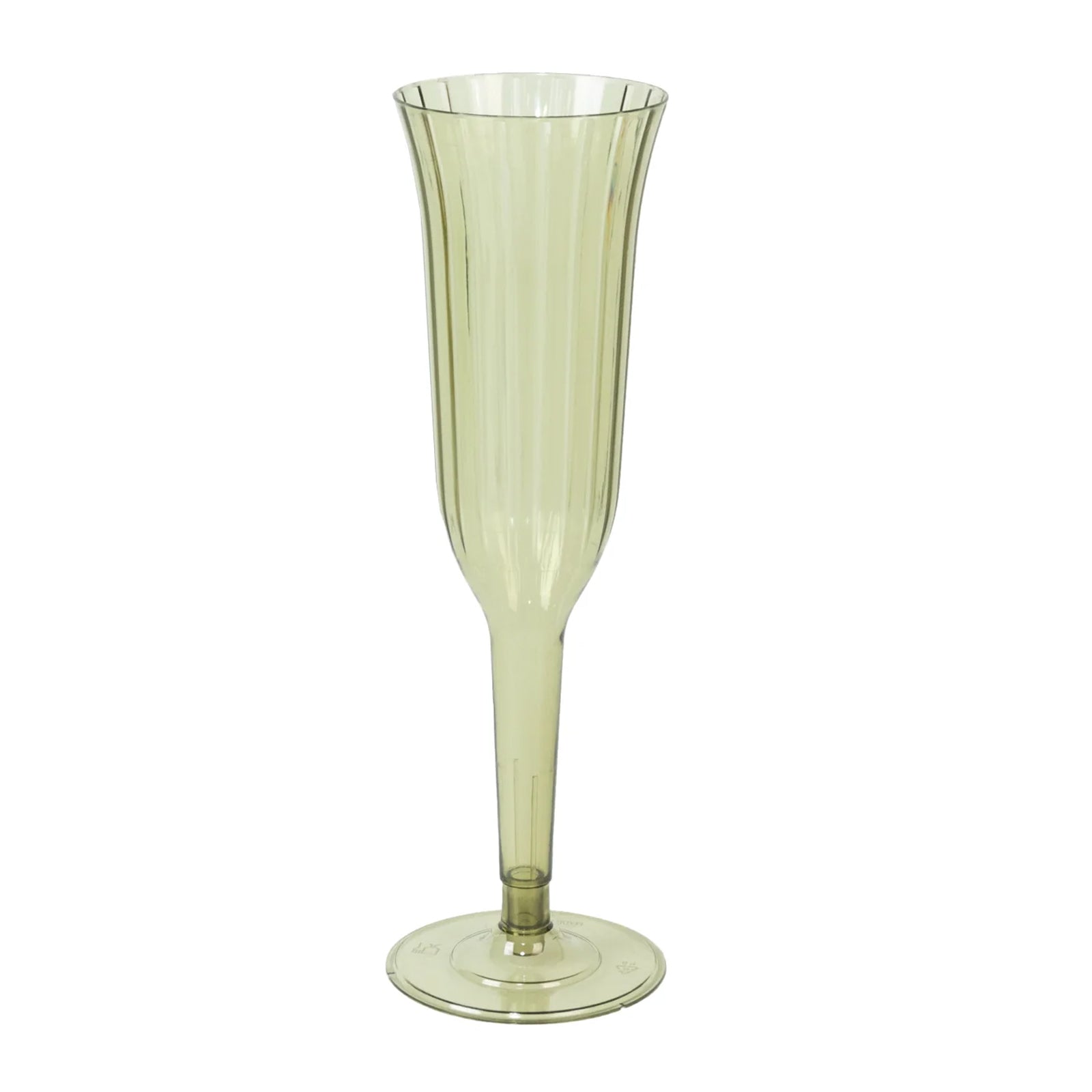 Dusty sage green plastic champagne flute, lightweight and disposable, 6oz capacity.