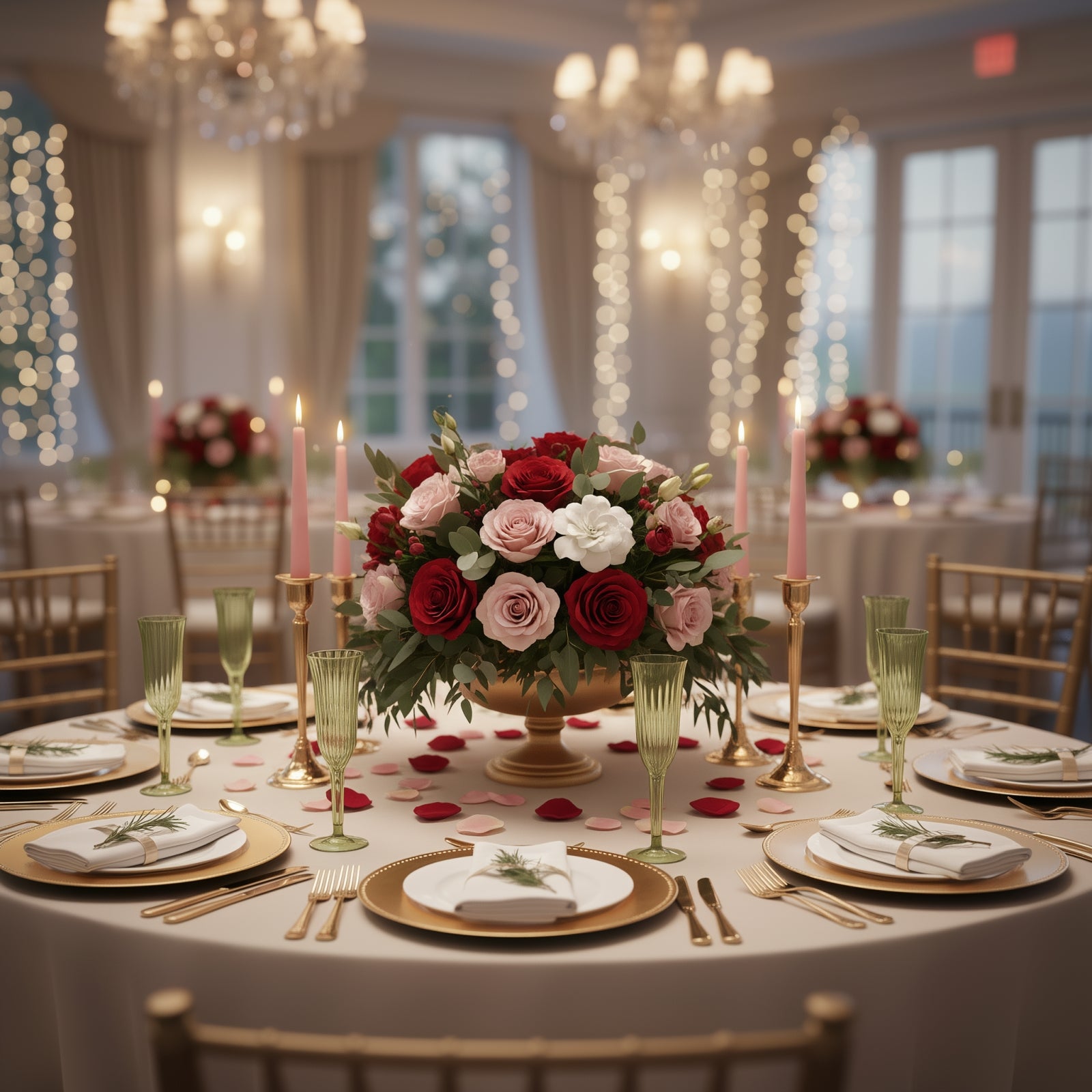 Transparent dusty sage green flared design champagne flutes on elegantly set table.