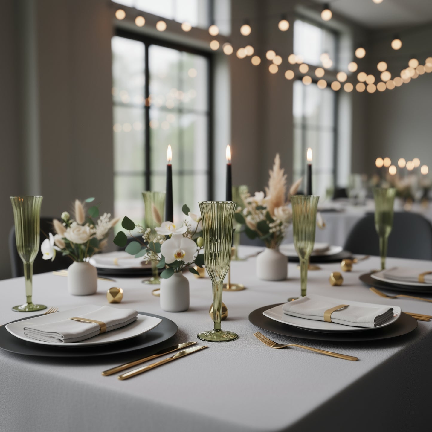 Dusty sage green fluted disposable champagne flutes on a table setting.