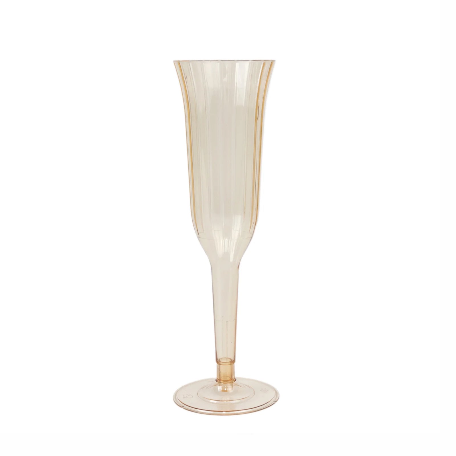 Transparent amber gold flared disposable champagne flute.