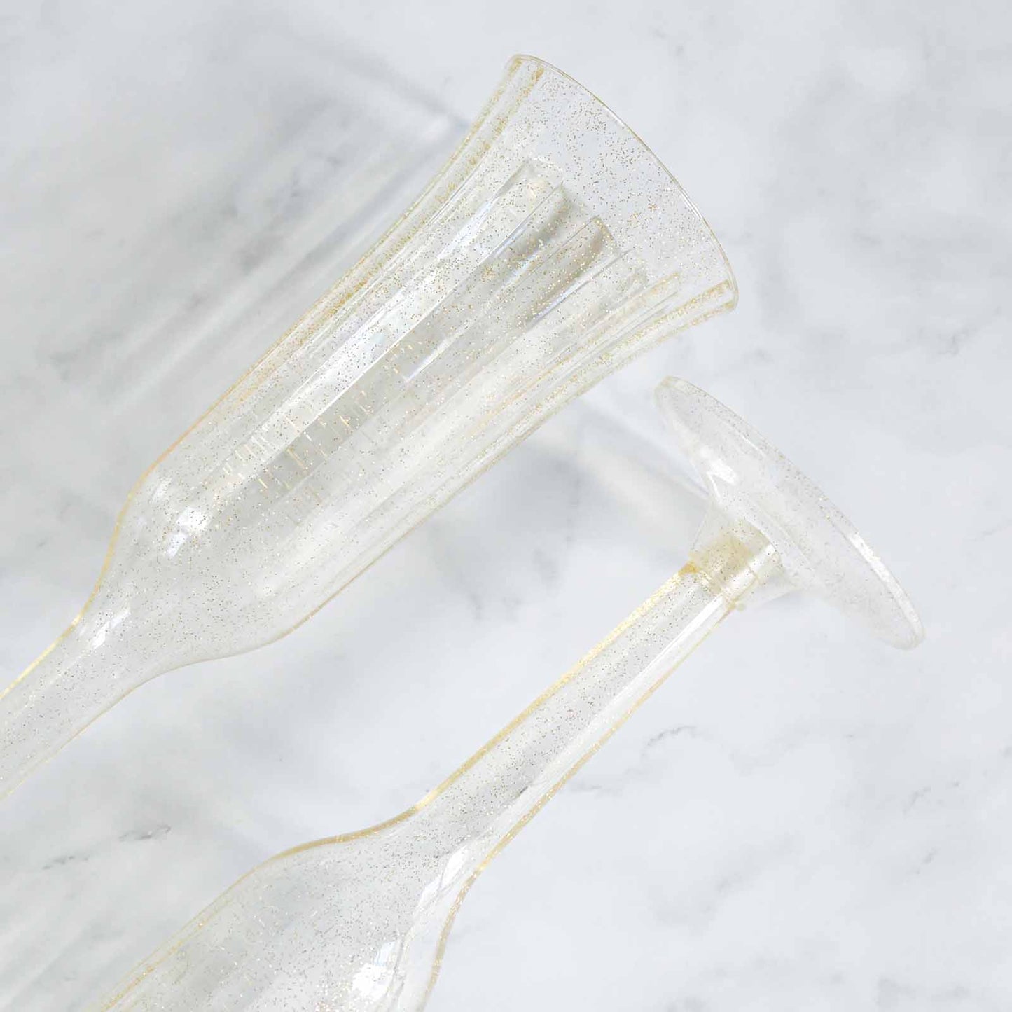 24-Pack Plastic Champagne Flutes Clear Gold Glitter Flared Design - Lightweight Disposable Toasting Glasses 6oz