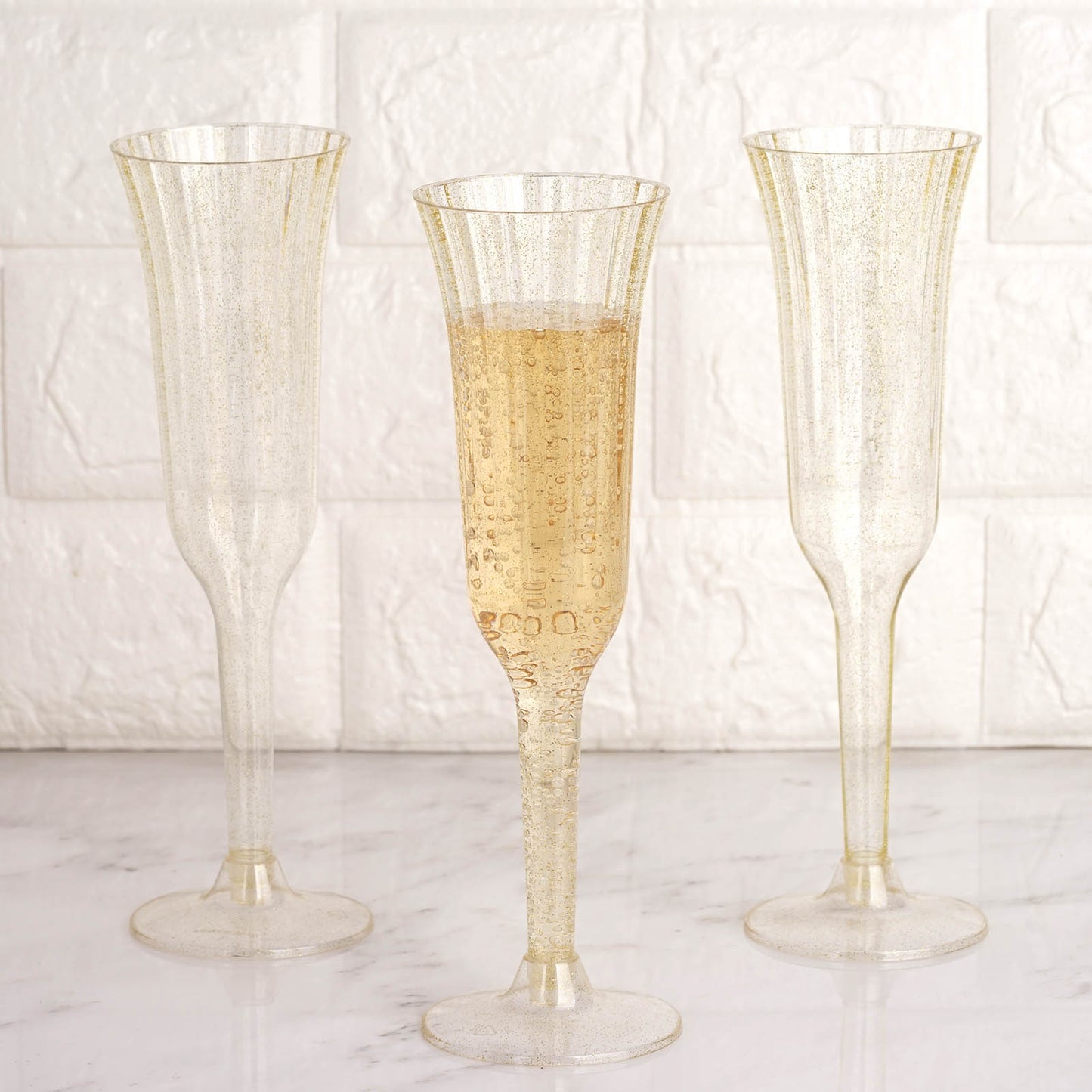 24-Pack Plastic Champagne Flutes Clear Gold Glitter Flared Design - Lightweight Disposable Toasting Glasses 6oz