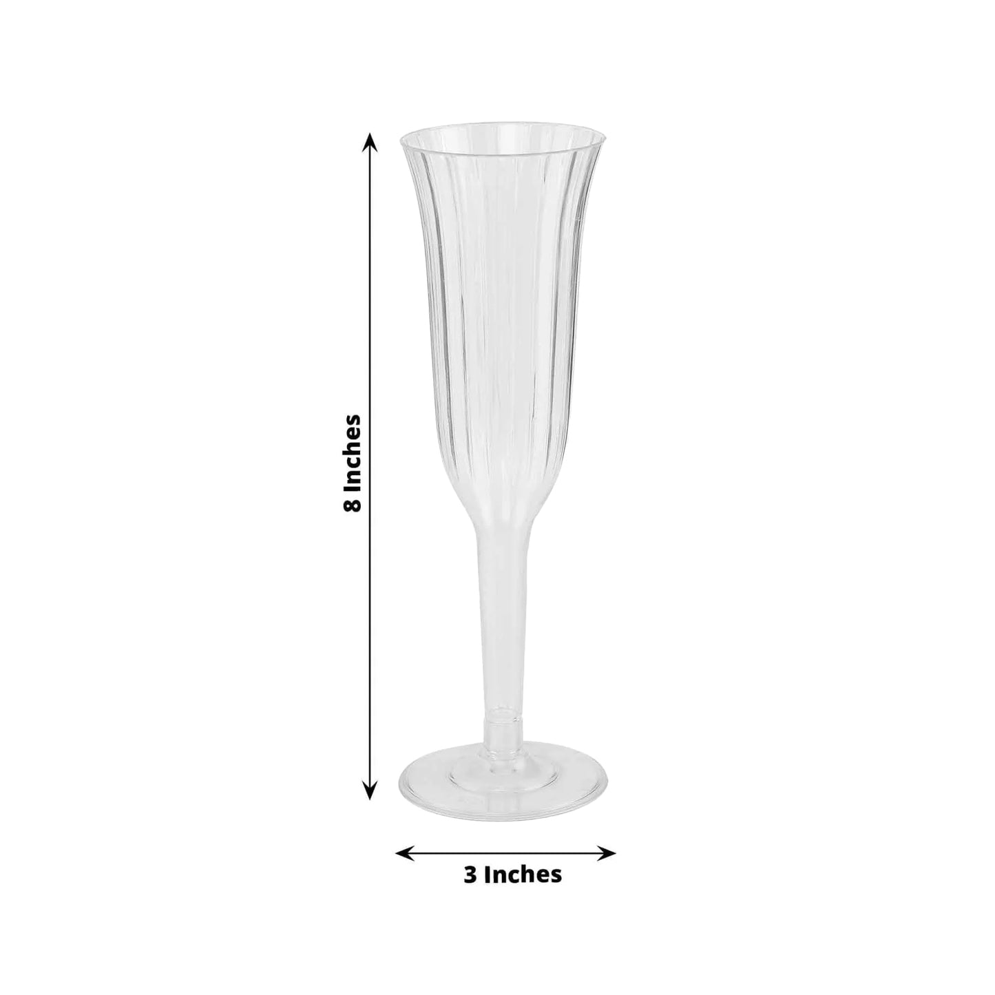 Clear plastic champagne flute with flared design, 6oz capacity.