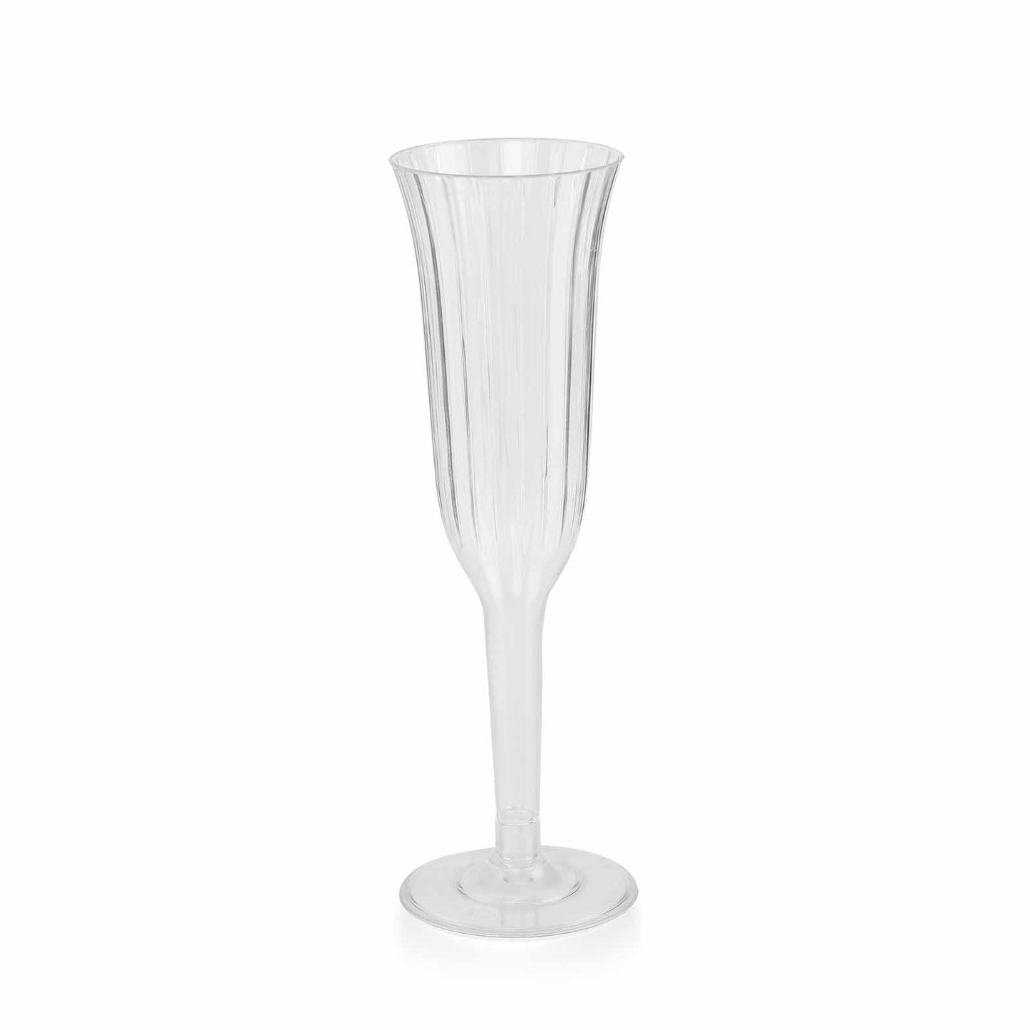Clear plastic champagne flute, lightweight, 6oz, flared design. #whtbkgd