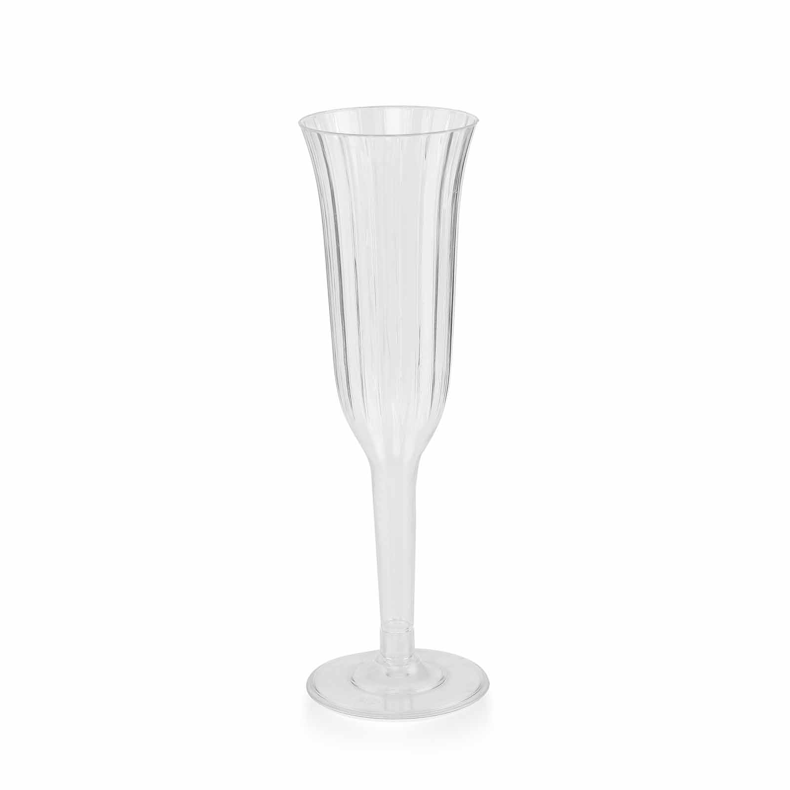 Clear plastic champagne flute, lightweight, 6oz, flared design. #whtbkgd