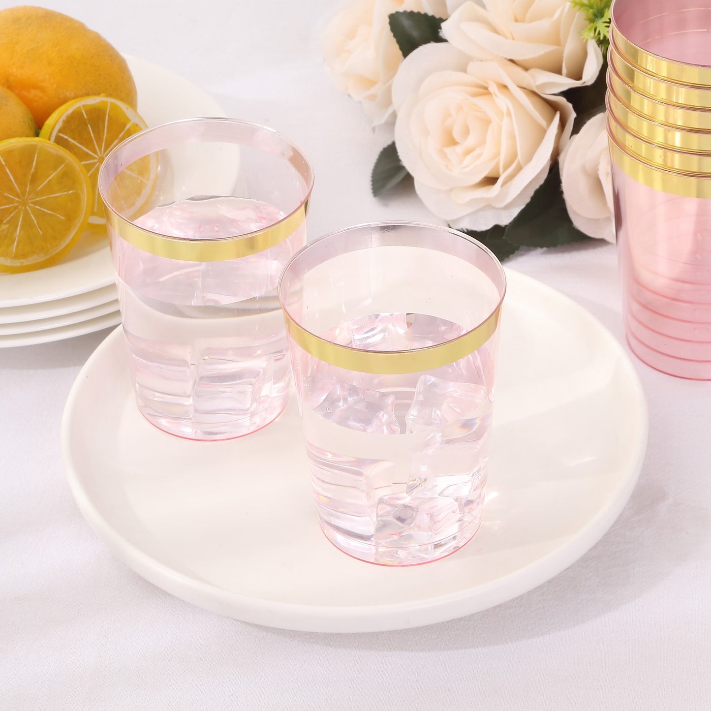 25 Pack Transparent Blush Plastic Tumbler Glasses with Gold Rim, 10oz Disposable Crystal Drinking Glasses Party Cups