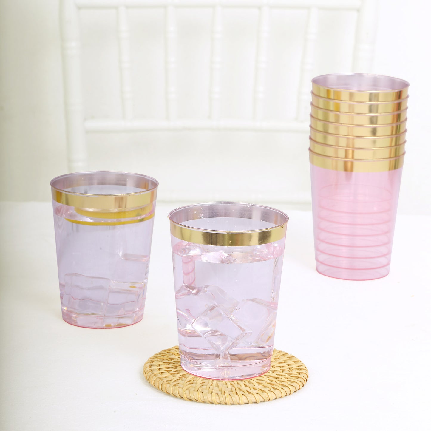 25 Pack Transparent Blush Plastic Tumbler Glasses with Gold Rim, 10oz Disposable Crystal Drinking Glasses Party Cups