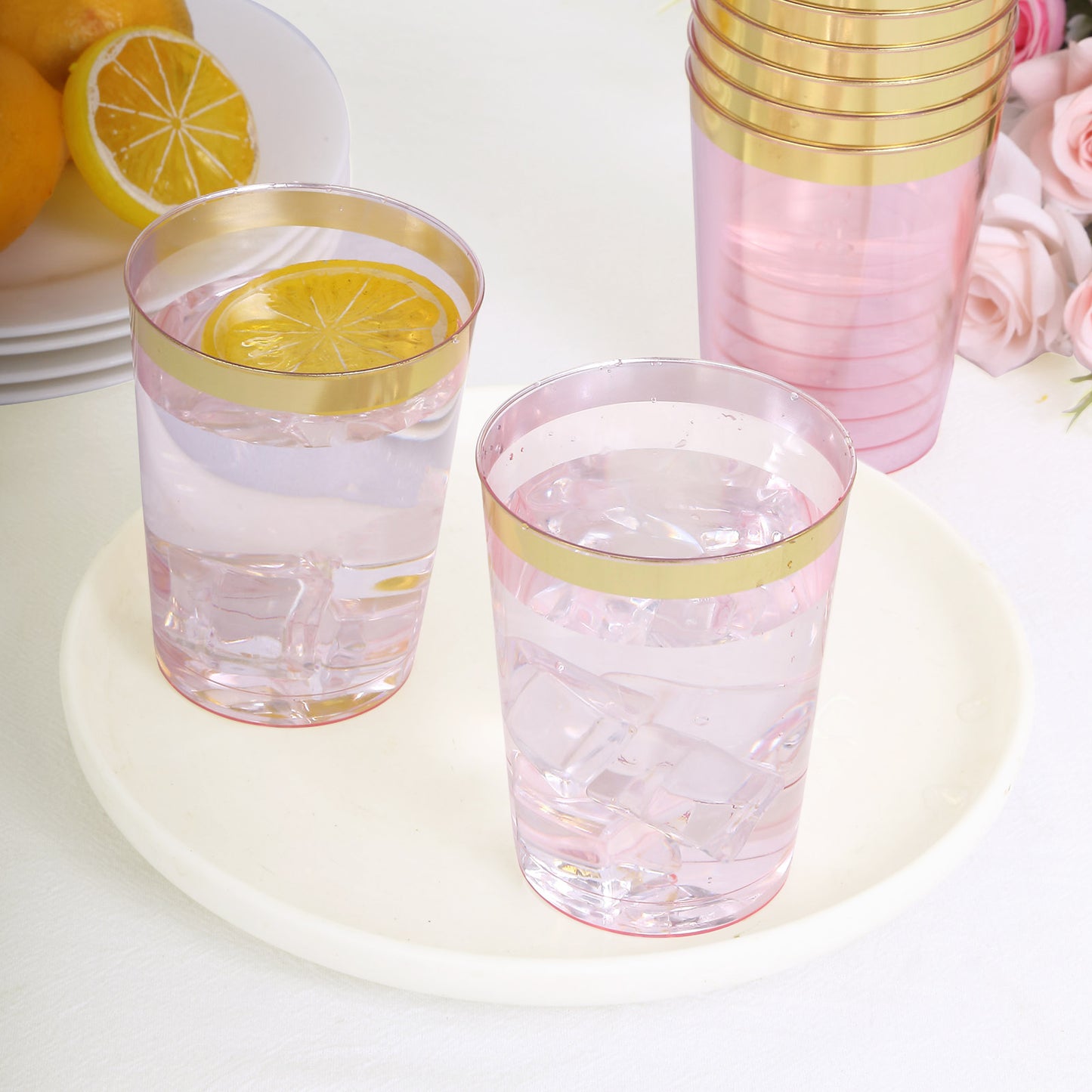 25 Pack Transparent Blush Plastic Tumbler Glasses with Gold Rim, 10oz Disposable Crystal Drinking Glasses Party Cups