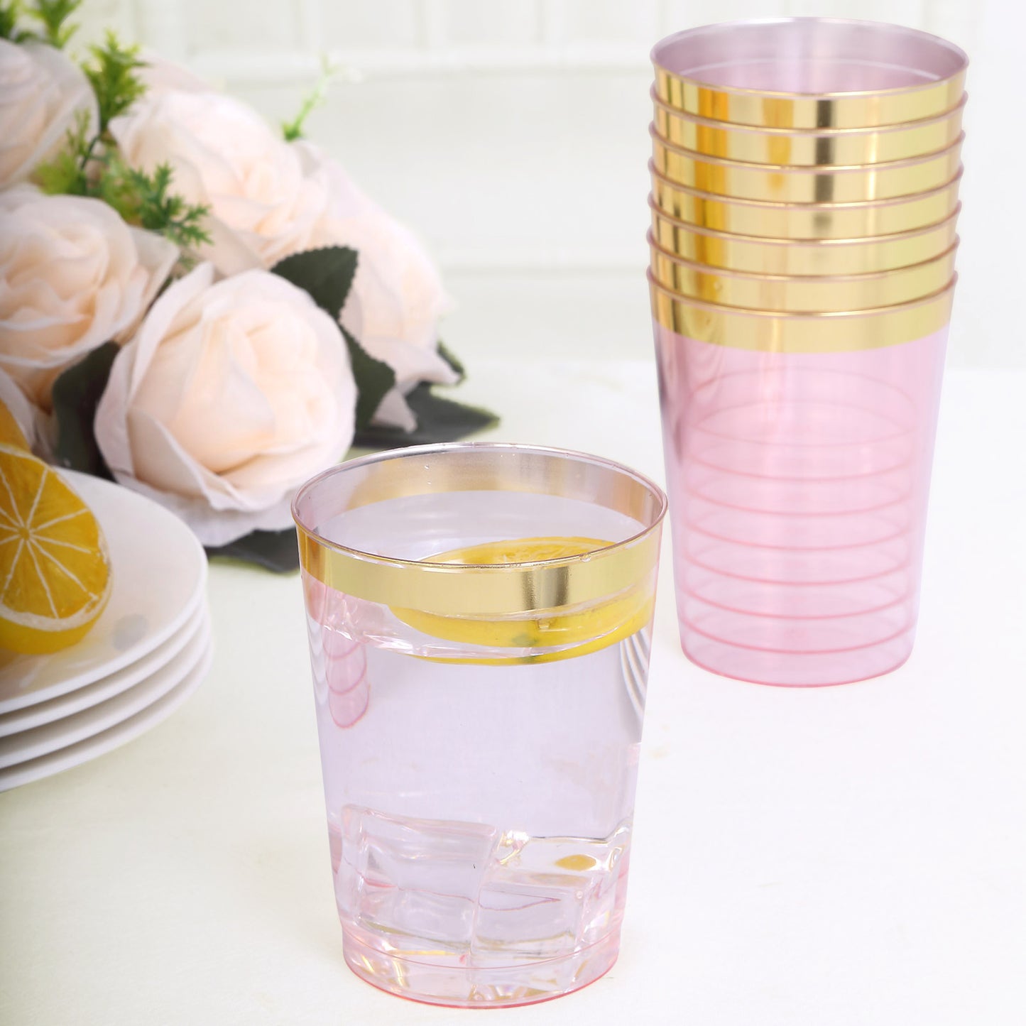 25 Pack Transparent Blush Plastic Tumbler Glasses with Gold Rim, 10oz Disposable Crystal Drinking Glasses Party Cups