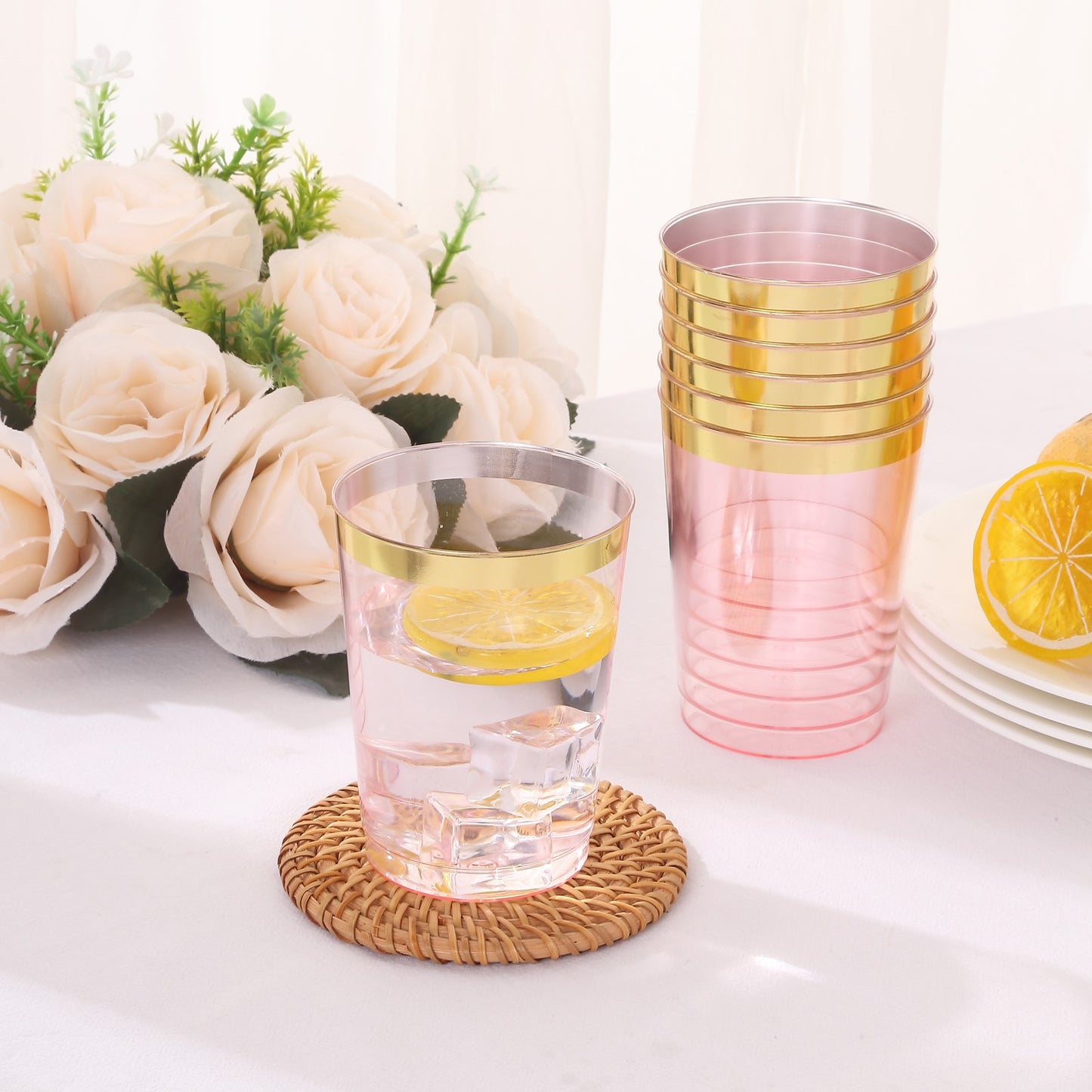 25 Pack Transparent Blush Plastic Tumbler Glasses with Gold Rim, 10oz Disposable Crystal Drinking Glasses Party Cups