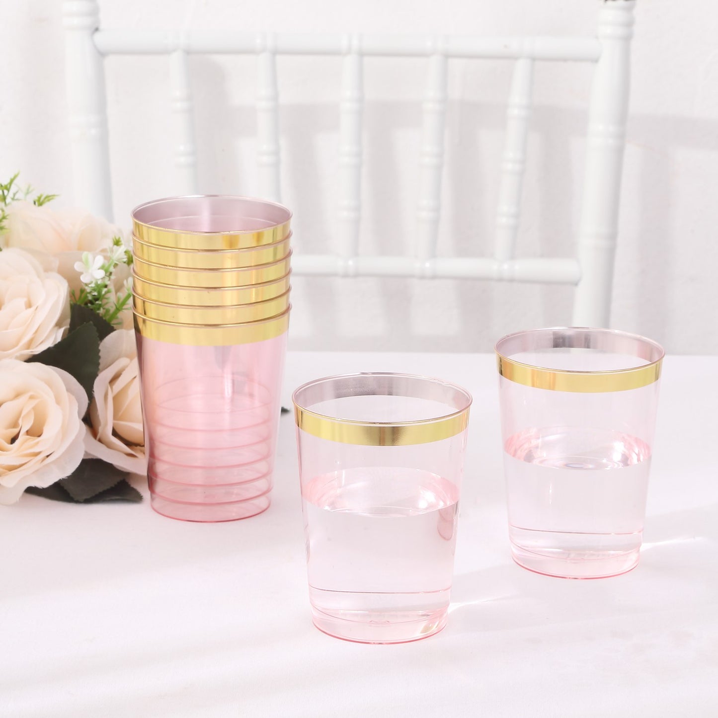 25 Pack Transparent Blush Plastic Tumbler Glasses with Gold Rim, 10oz Disposable Crystal Drinking Glasses Party Cups