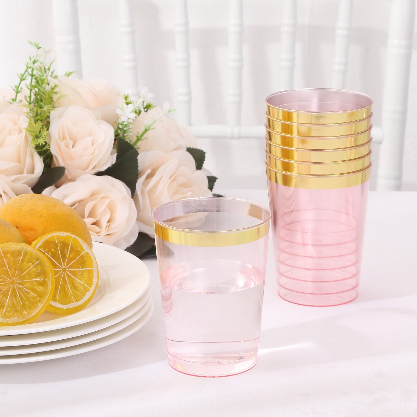 25 Pack Transparent Blush Plastic Tumbler Glasses with Gold Rim, 10oz Disposable Crystal Drinking Glasses Party Cups