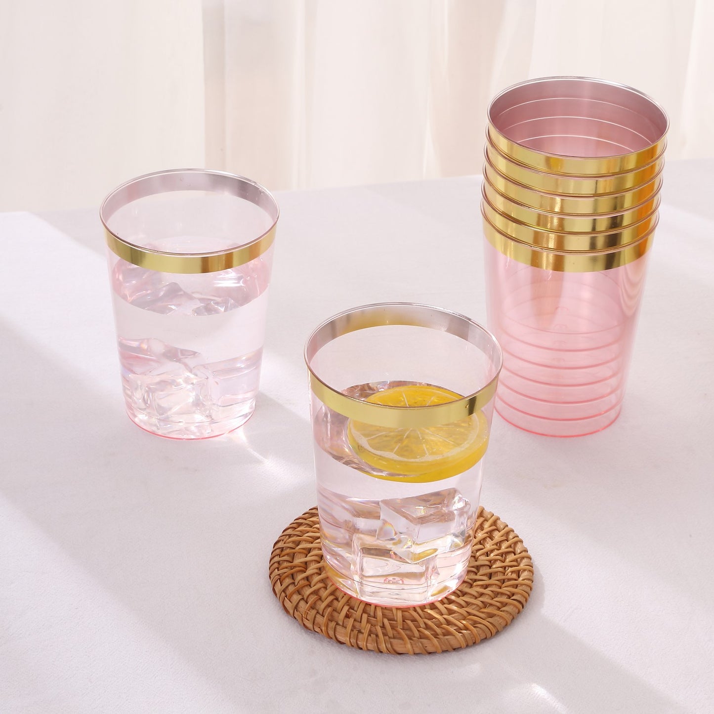 25 Pack Transparent Blush Plastic Tumbler Glasses with Gold Rim, 10oz Disposable Crystal Drinking Glasses Party Cups