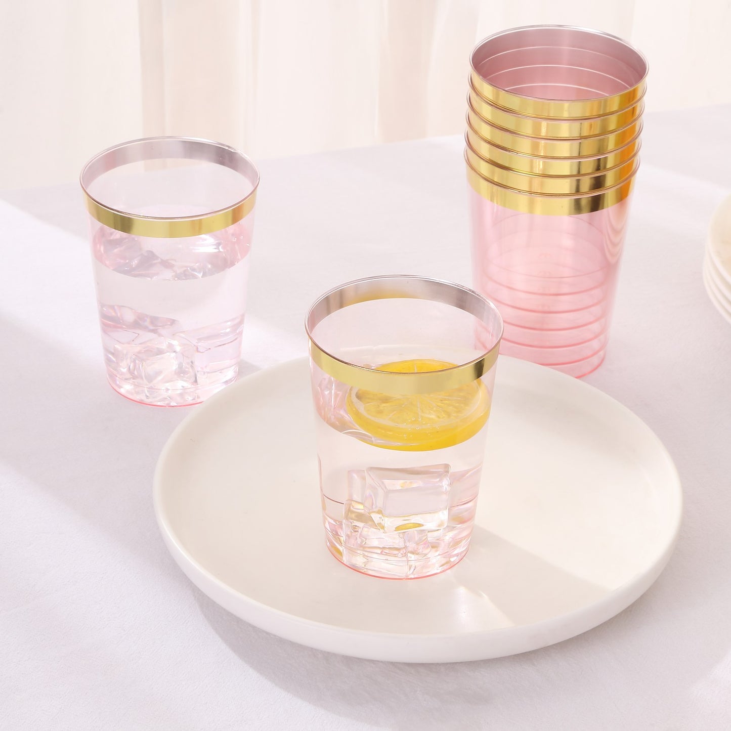 25 Pack Transparent Blush Plastic Tumbler Glasses with Gold Rim, 10oz Disposable Crystal Drinking Glasses Party Cups