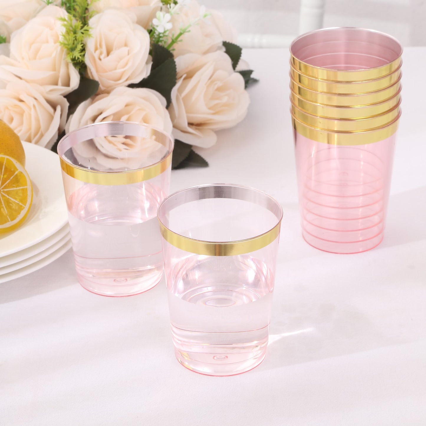 25 Pack Transparent Blush Plastic Tumbler Glasses with Gold Rim, 10oz Disposable Crystal Drinking Glasses Party Cups