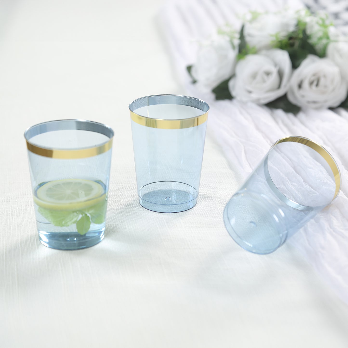 25 Pack Dusty Blue Crystal Plastic Tumbler Glasses with Gold Rim, 10oz Disposable Drink Glasses Party Cups