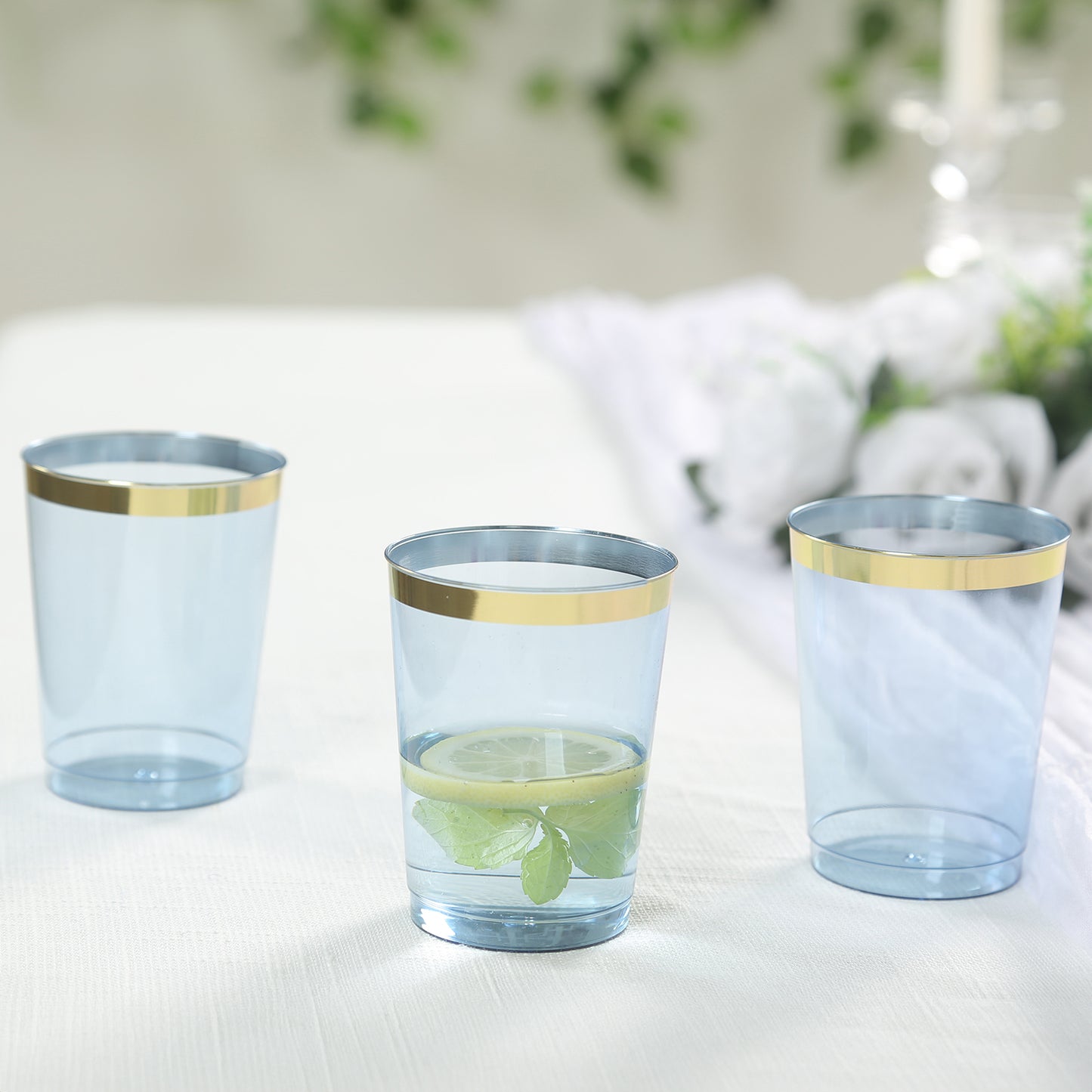 25 Pack Dusty Blue Crystal Plastic Tumbler Glasses with Gold Rim, 10oz Disposable Drink Glasses Party Cups