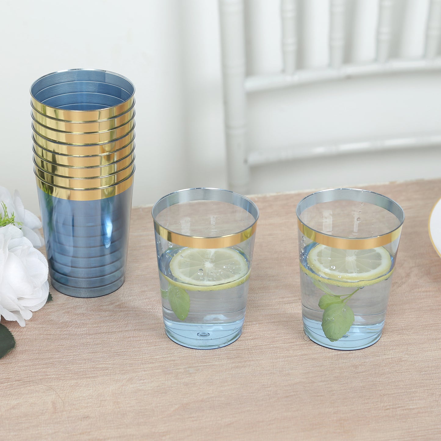 25 Pack Dusty Blue Crystal Plastic Tumbler Glasses with Gold Rim, 10oz Disposable Drink Glasses Party Cups