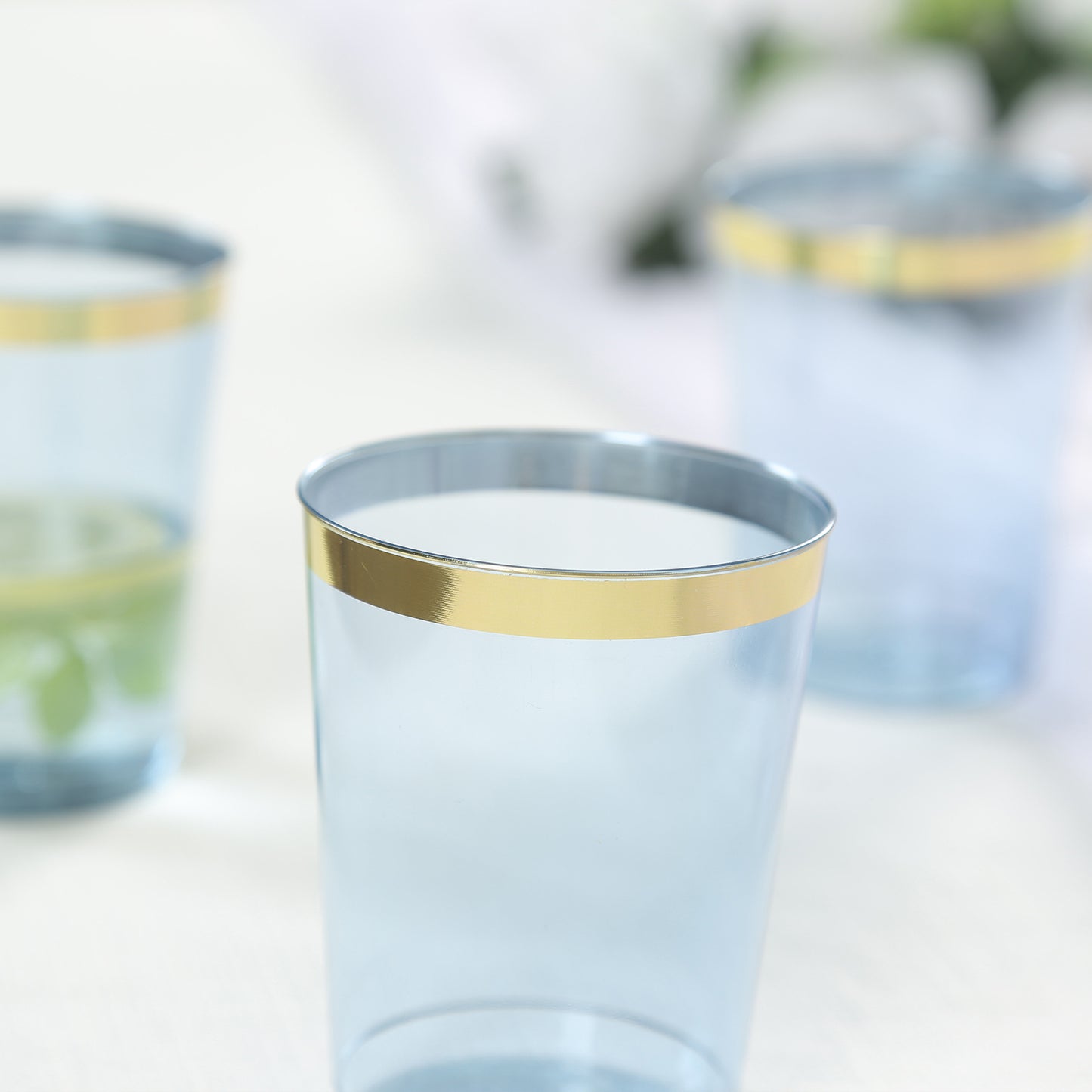 25 Pack Dusty Blue Crystal Plastic Tumbler Glasses with Gold Rim, 10oz Disposable Drink Glasses Party Cups