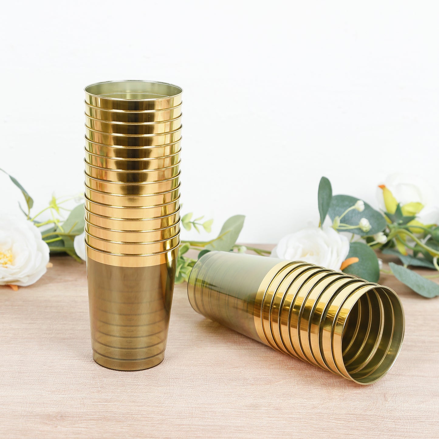 25-Pack Plastic Tumbler Cups Transparent Dusty Sage Green with Gold Rim - Stylish Disposable Party Glasses 10oz