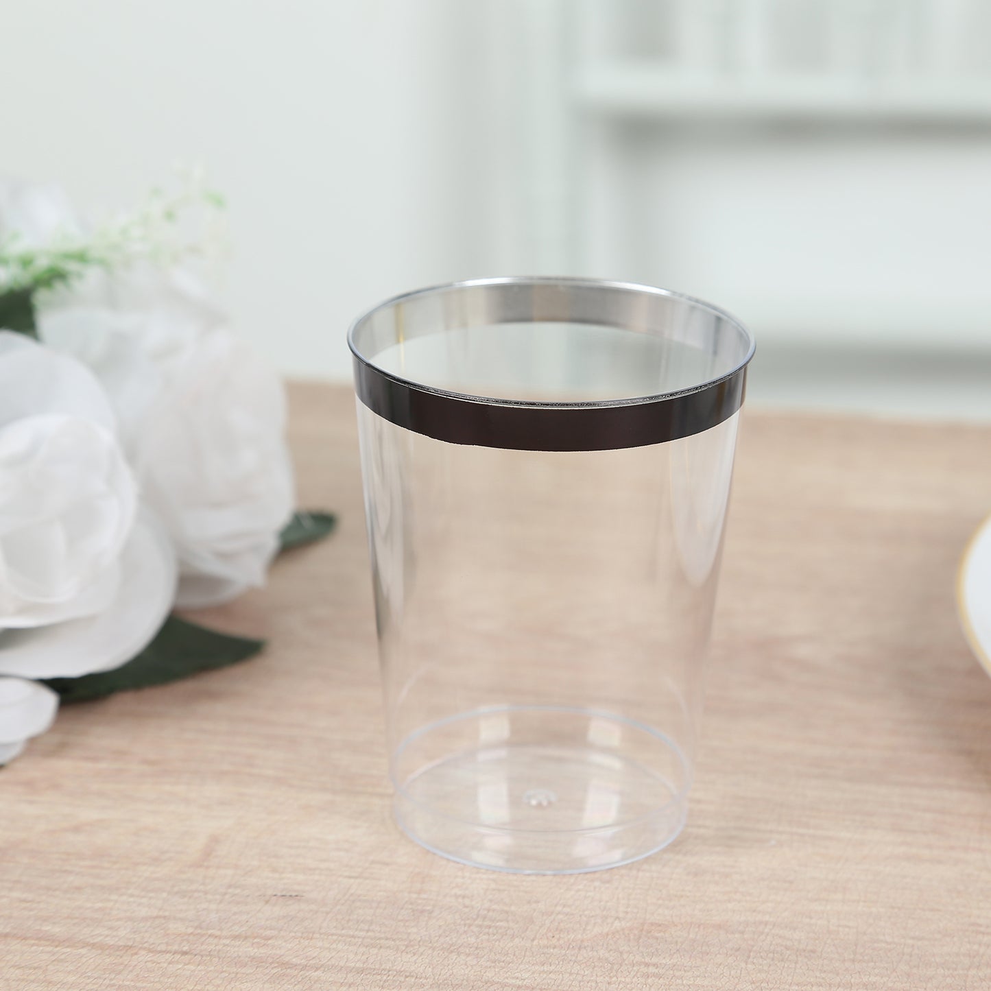 25 Pack Clear Crystal Plastic Tumbler Glasses with Black Rim, 10oz Disposable Drink Glasses Party Cups