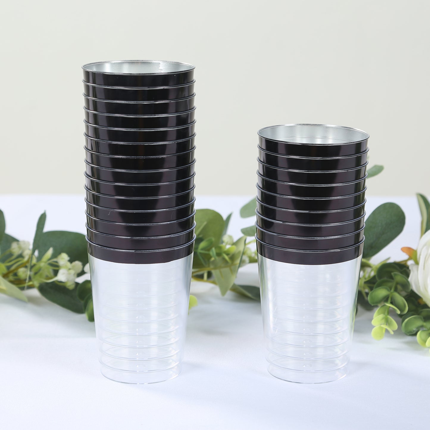 25 Pack Clear Crystal Plastic Tumbler Glasses with Black Rim, 10oz Disposable Drink Glasses Party Cups