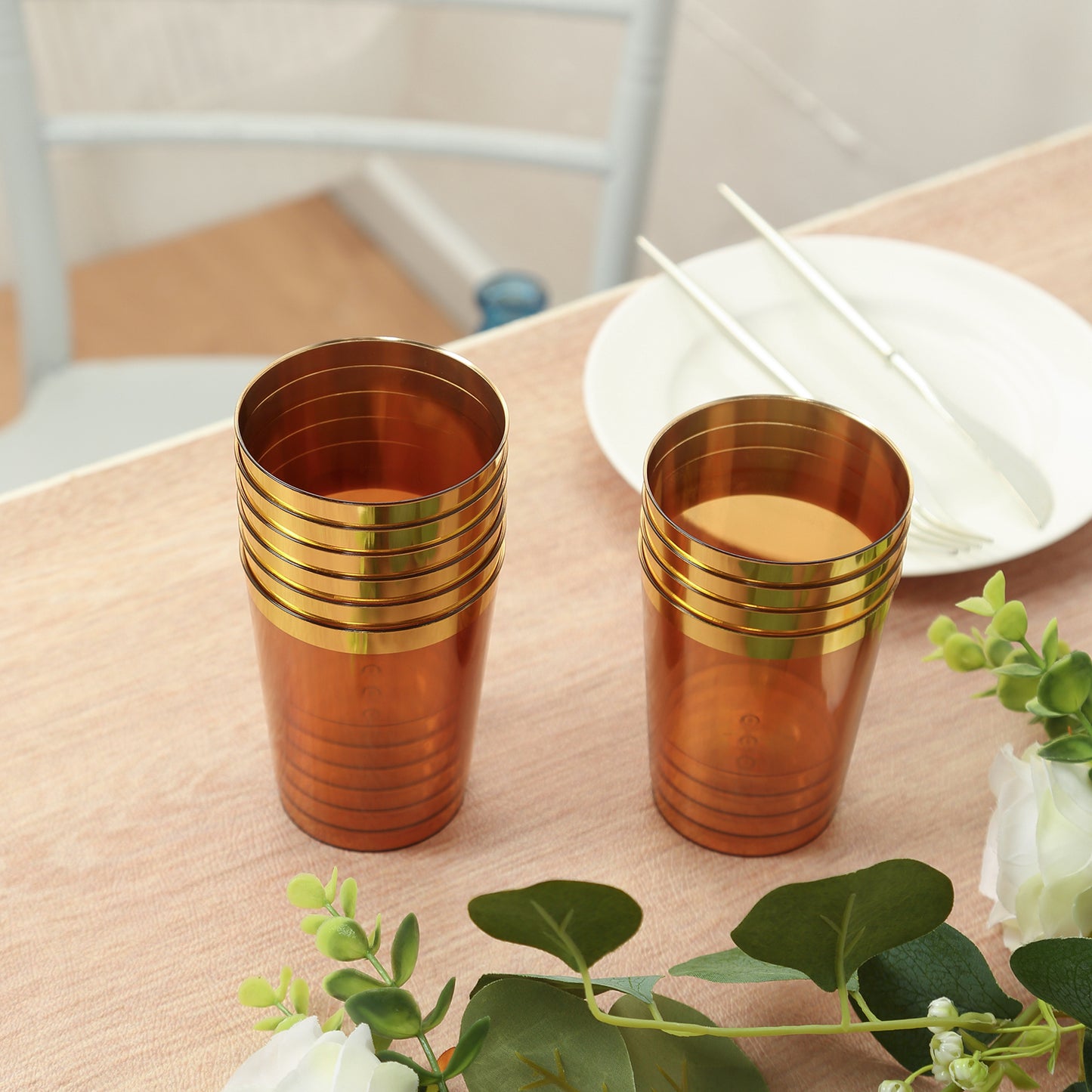 25 Pack Amber Gold Crystal Plastic Tumbler Glasses with Gold Rim, 10oz Disposable Drink Glasses Party Cups