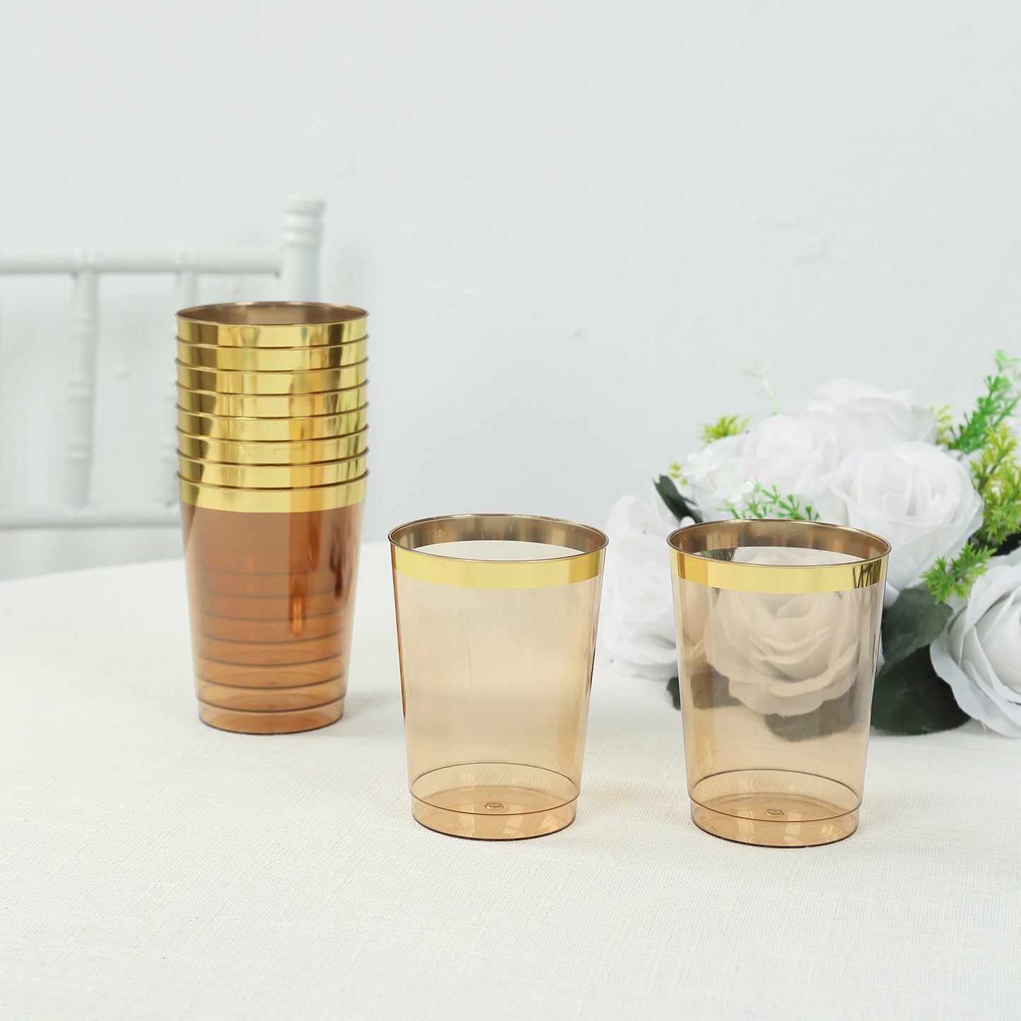 25 Pack Amber Gold Crystal Plastic Tumbler Glasses with Gold Rim, 10oz Disposable Drink Glasses Party Cups