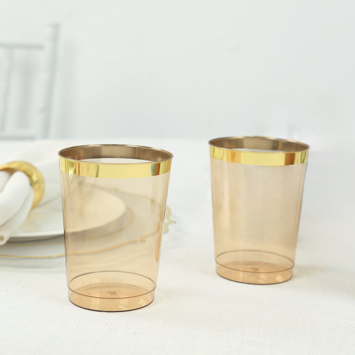 25 Pack Amber Gold Crystal Plastic Tumbler Glasses with Gold Rim, 10oz Disposable Drink Glasses Party Cups