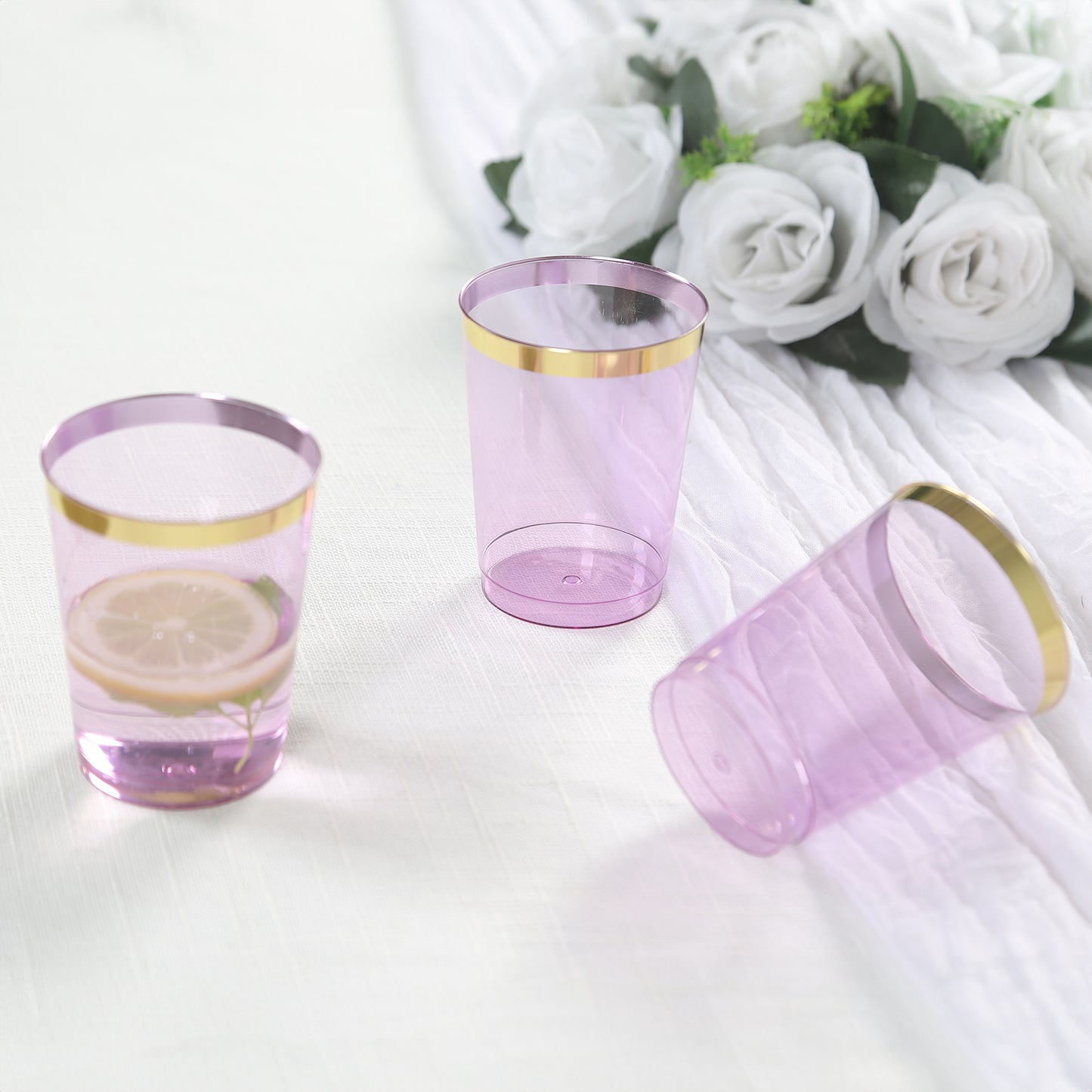 25 Pack Purple Crystal Plastic Tumbler Glasses with Gold Rim, 10oz Disposable Drink Glasses Party Cups